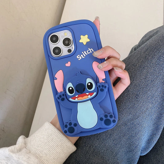 Kawaii 3D Cartoon Stitch Soft Silicone Case with Makeup Mirror & Stand Holder – For iPhone 11 to 16 Pro Max