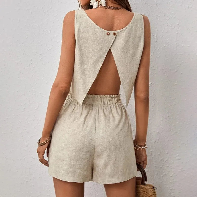 Women’s Cotton Linen Summer Set – Sleeveless Open-Back Top & Shorts