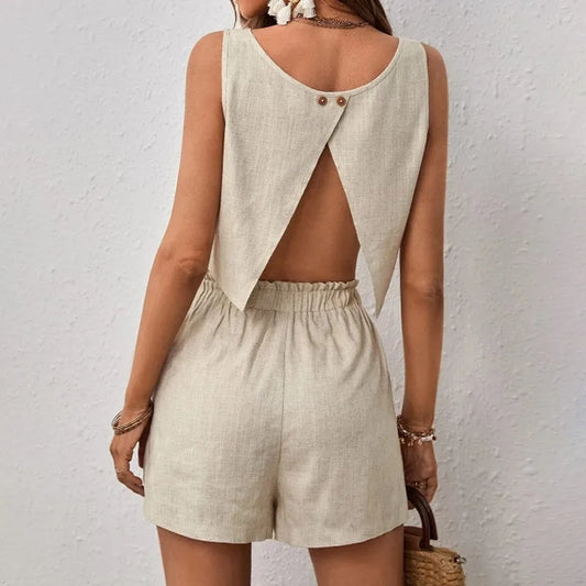 Women’s Cotton Linen Summer Set – Sleeveless Open-Back Top & Shorts