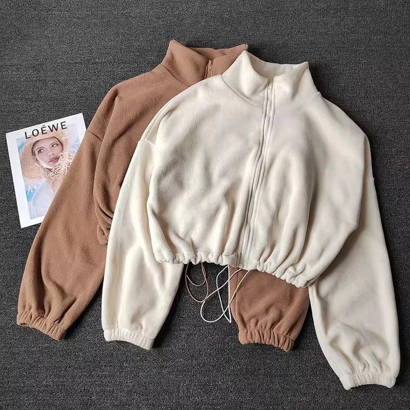 Women’s Fleece-Lined Sports Sweatshirt – Casual Loose Crop Top with Long Sleeves