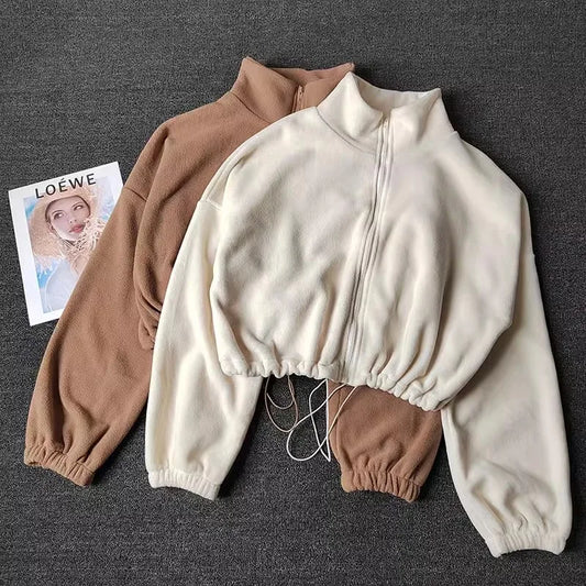 Women’s Fleece-Lined Sports Sweatshirt – Casual Loose Crop Top with Long Sleeves