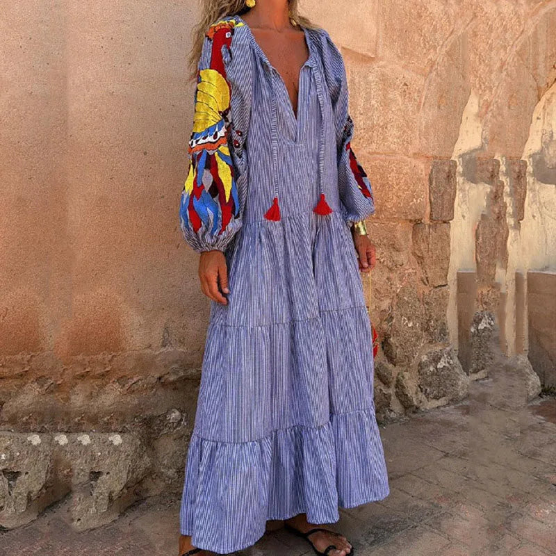 Bohemian Long Lantern Sleeve V-Neck Dress
