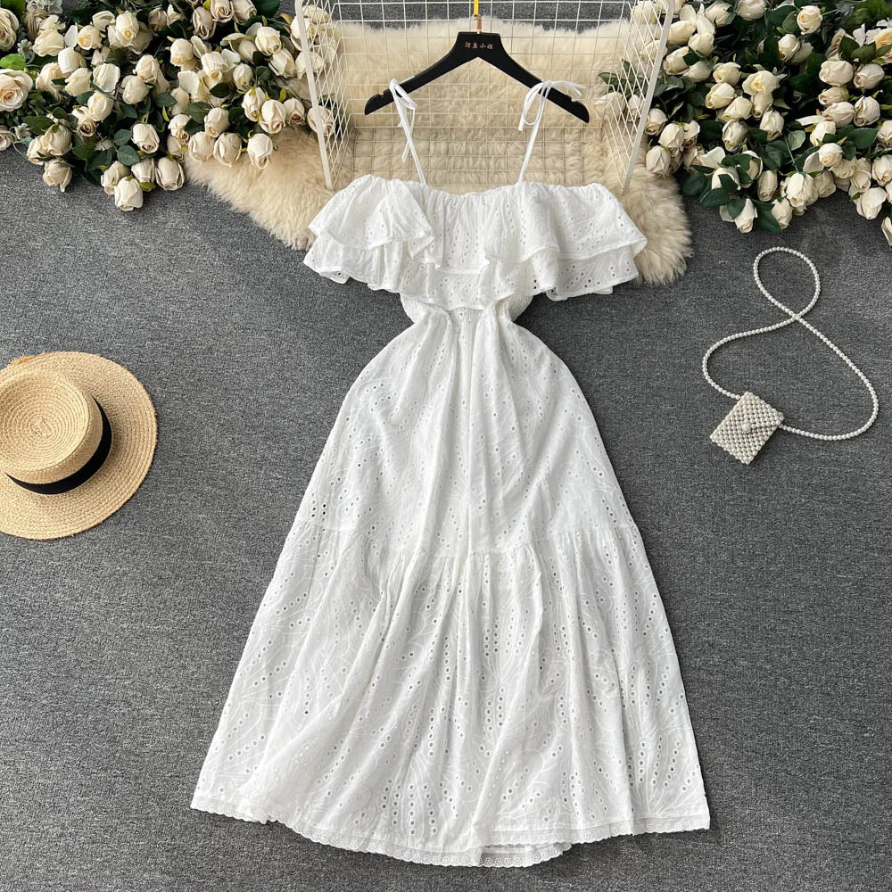 High Street Cotton Embroidery Off-Shoulder Backless Beach Dress – Long Summer Sundress