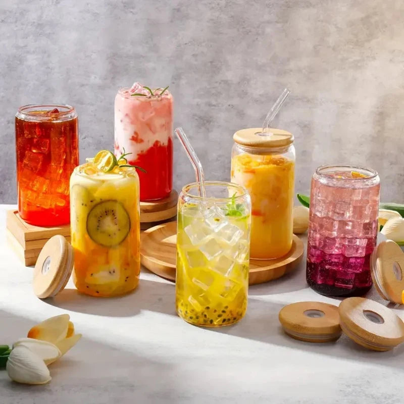 Glass Cup with Wooden Lid & Straw
