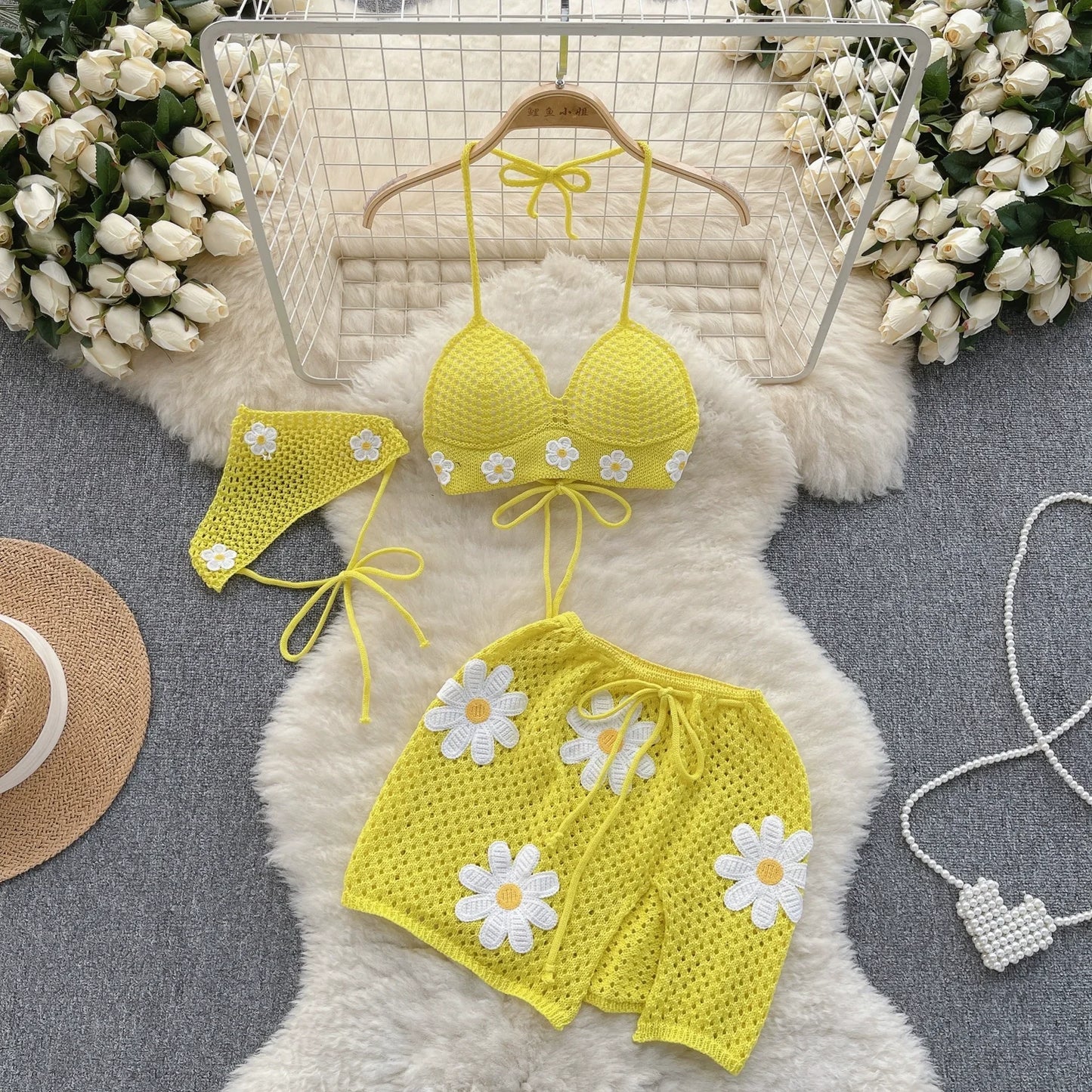Korean Style Hollow Crochet 2-Piece Set – Halter Tie Front Top + Drawstring Split Mini Skirt with Flowers