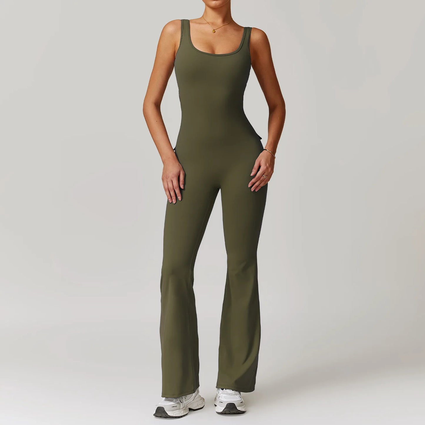 Women's V-Back Pocket Jumpsuit – Flared Leg Fitness Bodysuit