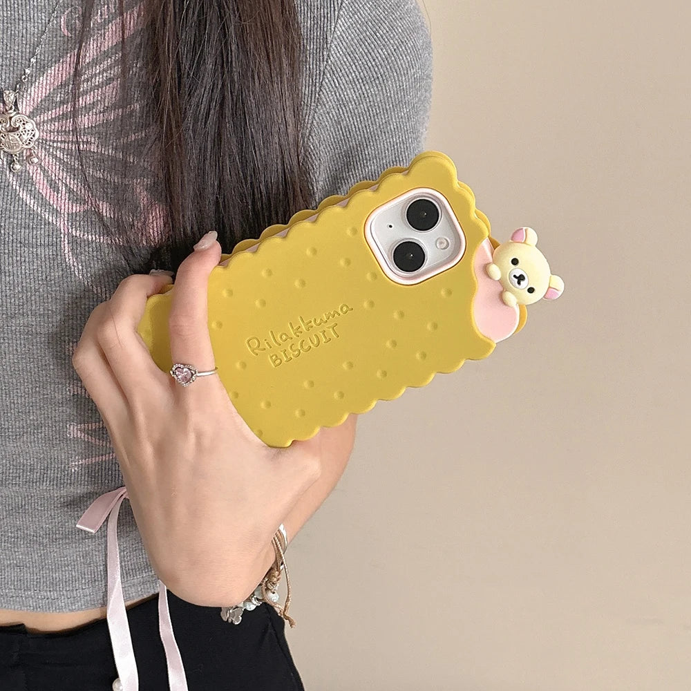 Funny Rilakkuma Bear Sandwich Biscuit Soft Silicone Case – For iPhone 11 to 16 Pro Max