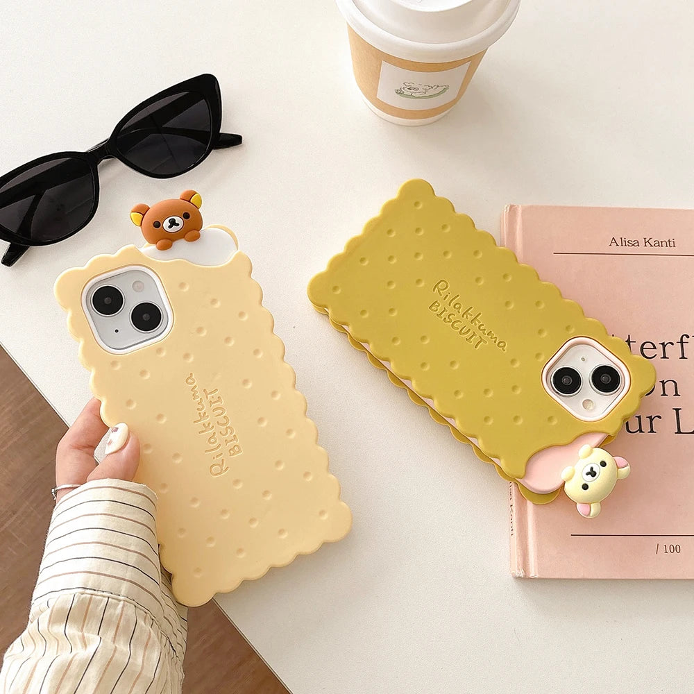 Funny Rilakkuma Bear Sandwich Biscuit Soft Silicone Case – For iPhone 11 to 16 Pro Max