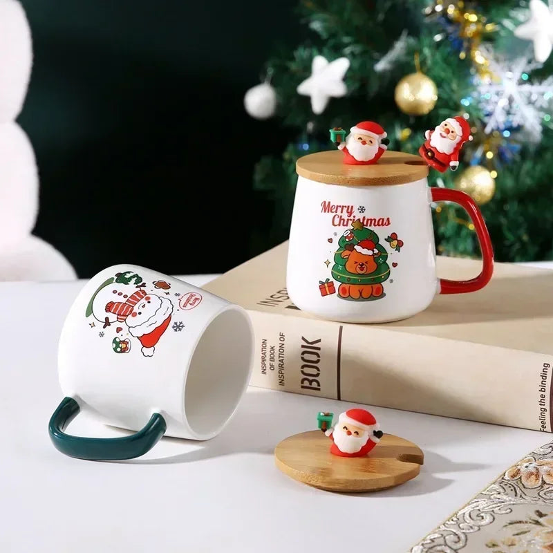 Christmas Ceramic Mug Set with Lid & Spoon – Holiday Edition