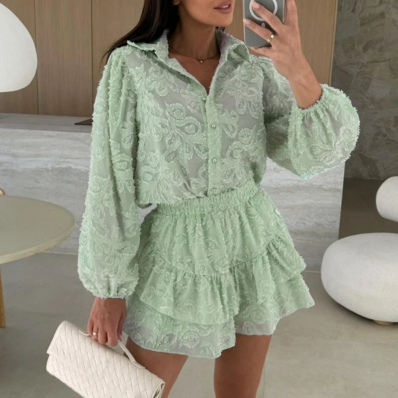 Lace Long Sleeve Shirt and Shorts Set