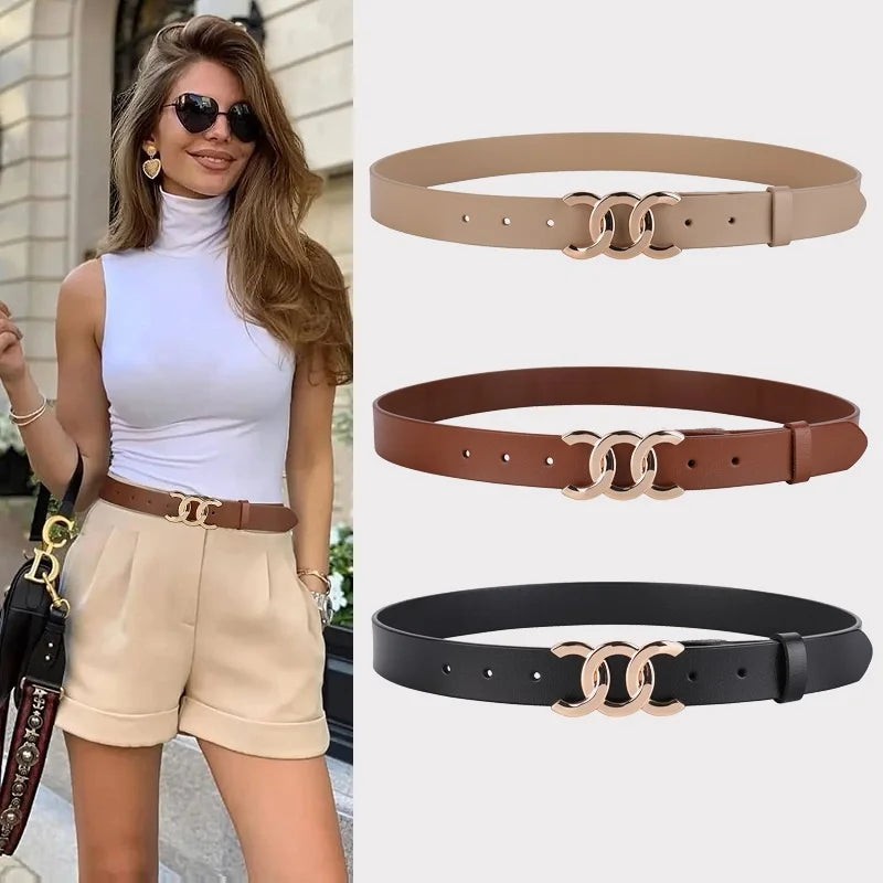 Luxury Leather Belt with Metal Buckle for Women