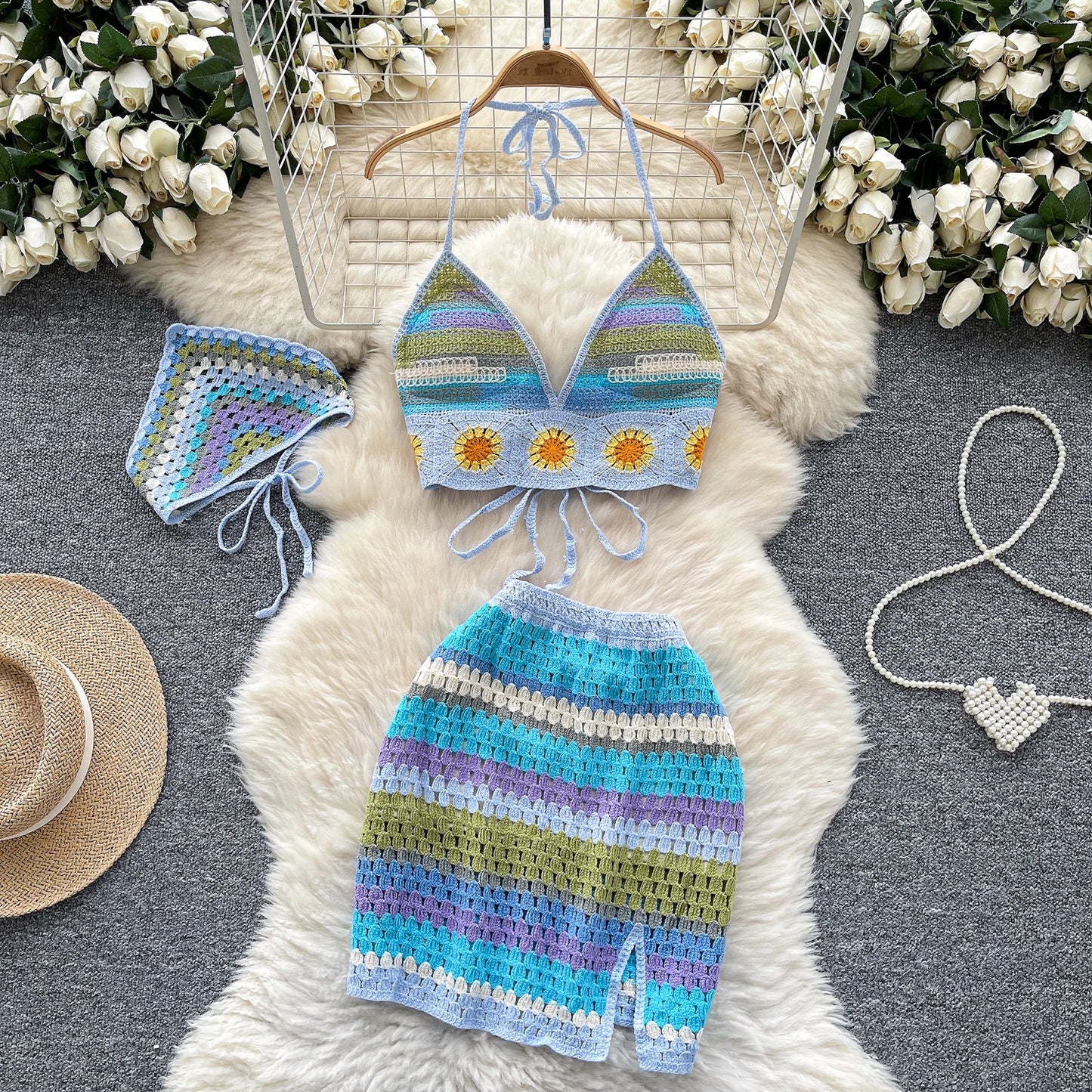 Bohemian Crochet 3-Piece Set – Colorful Halter Top + Mini Skirt + Shorts