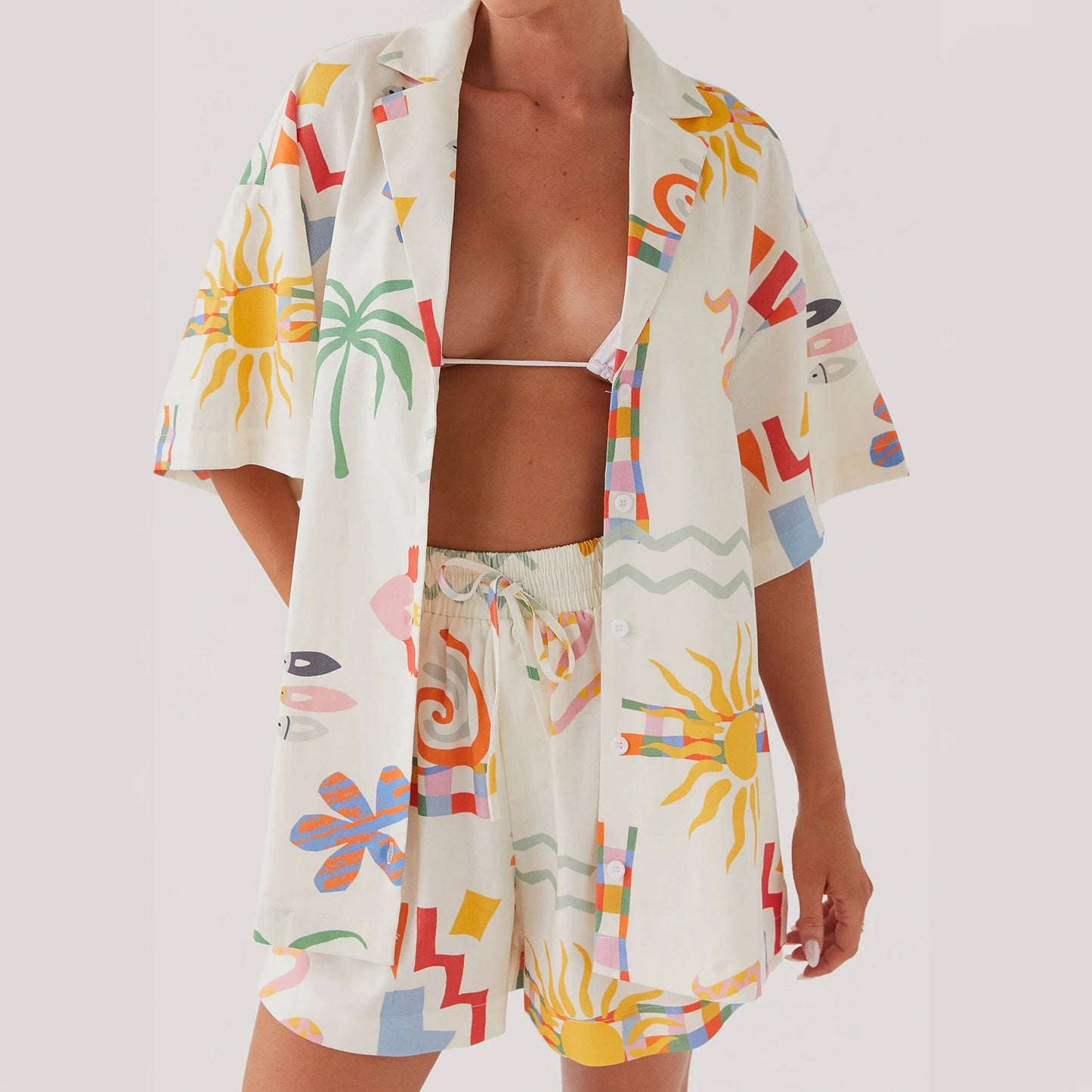 Women’s Casual 2 Piece Summer Set – Sun Print Button-Up Short Sleeve Shirt + Drawstring Shorts
