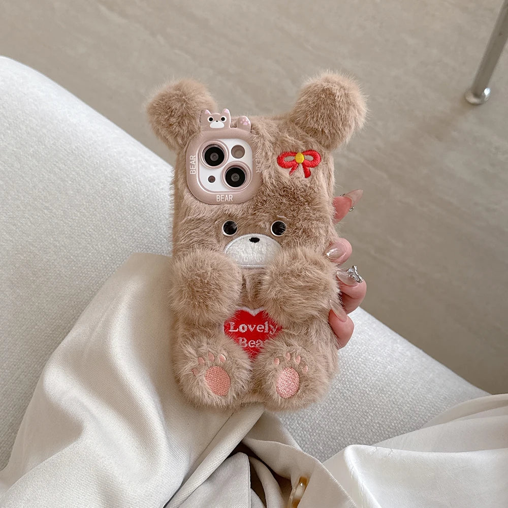 Funny Cat or Bear Furry Soft Plush Phone Case – For iPhone 11 to 16 Pro Max
