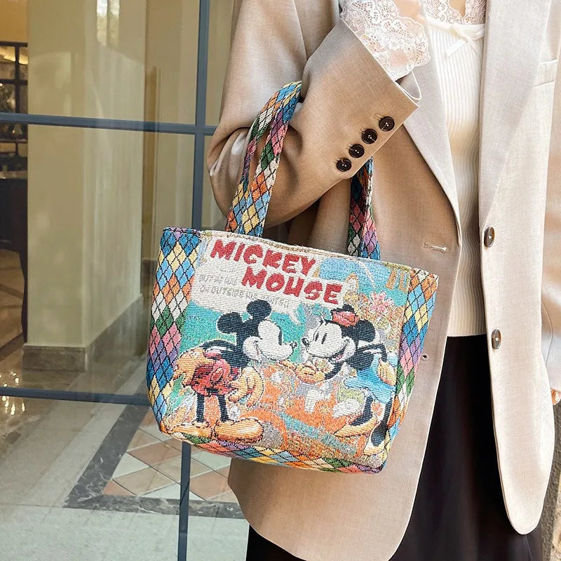 Retro Cartoon Canvas Shoulder Bag – Mickey, Minnie & Pooh Stylish Tote for Shopping & Daily Use