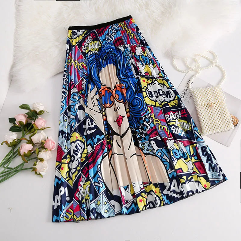 Women’s Cartoon Print Pleated Skirt – High Waist Big Swing Skirt