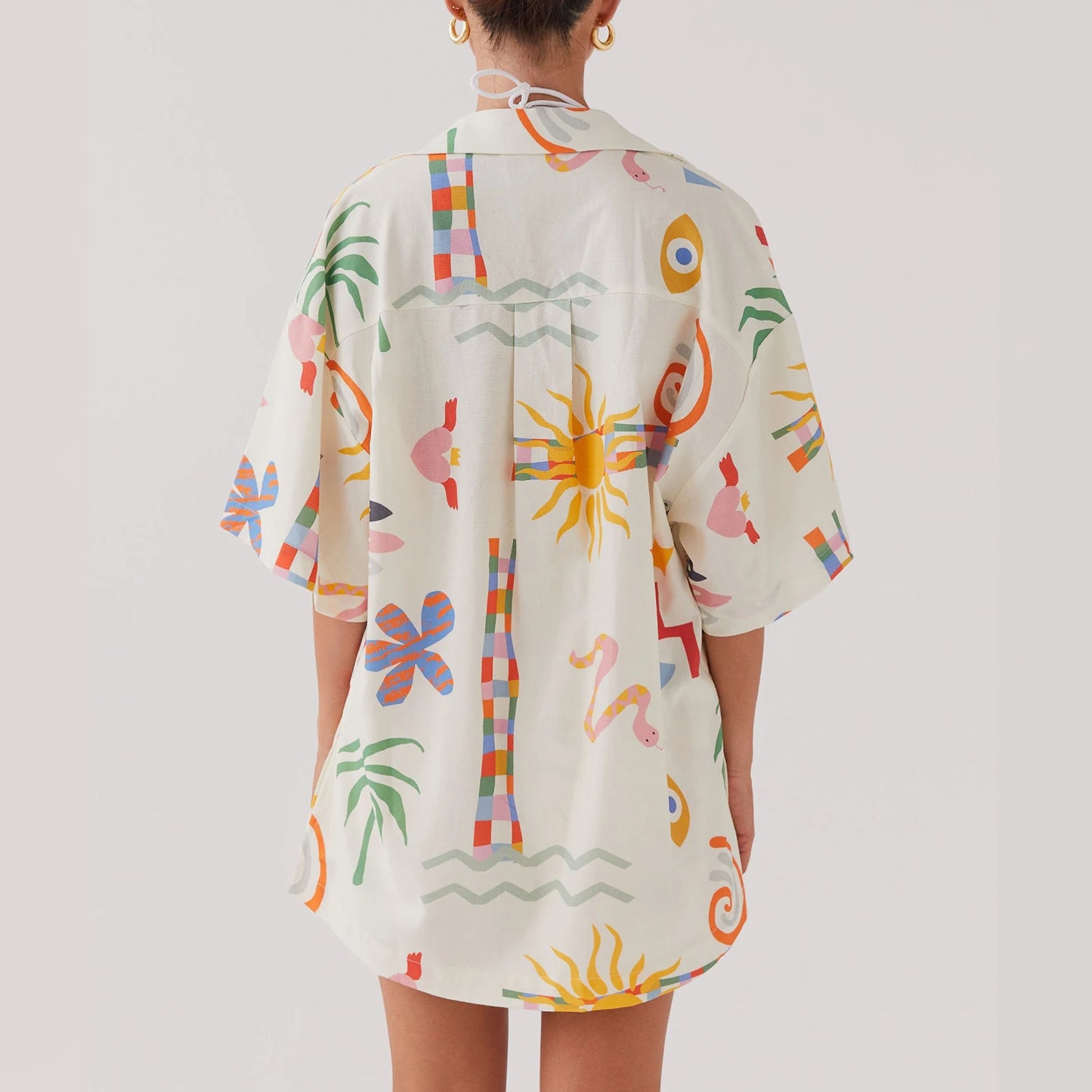 Women’s Casual 2 Piece Summer Set – Sun Print Button-Up Short Sleeve Shirt + Drawstring Shorts