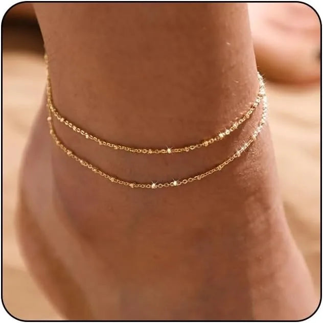 Layered Beaded Anklet – Gold & Silver