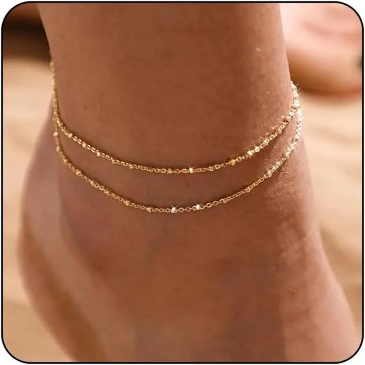 Layered Beaded Anklet – Gold & Silver