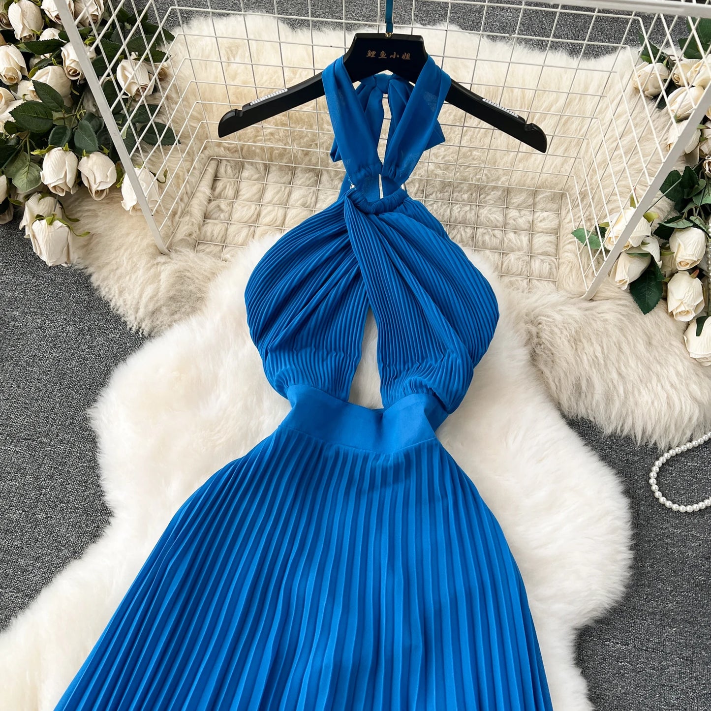 Pleated Halter Neck Vacation Dress – Backless Irregular Chic Beach Party Dress