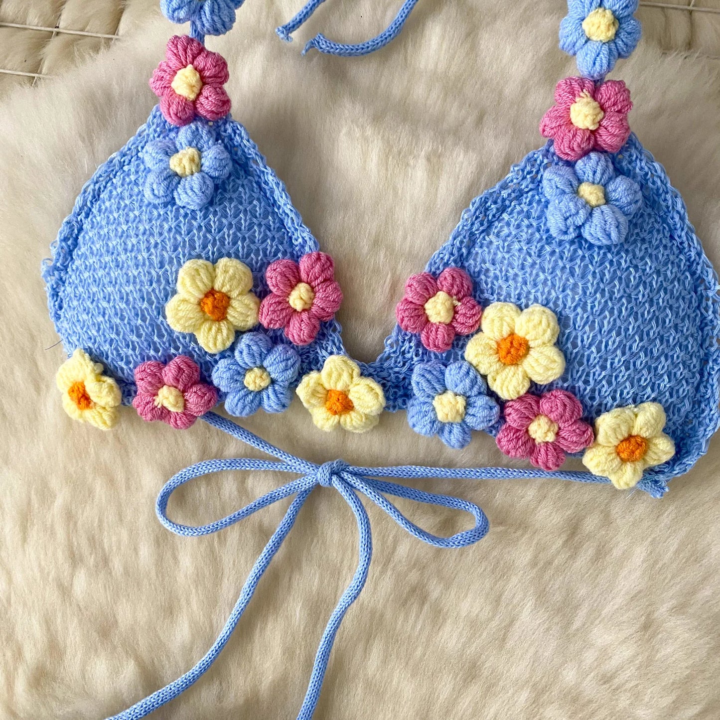 3D Floral Crochet Summer Set – Halter Bra Top + Wide-Leg Shorts