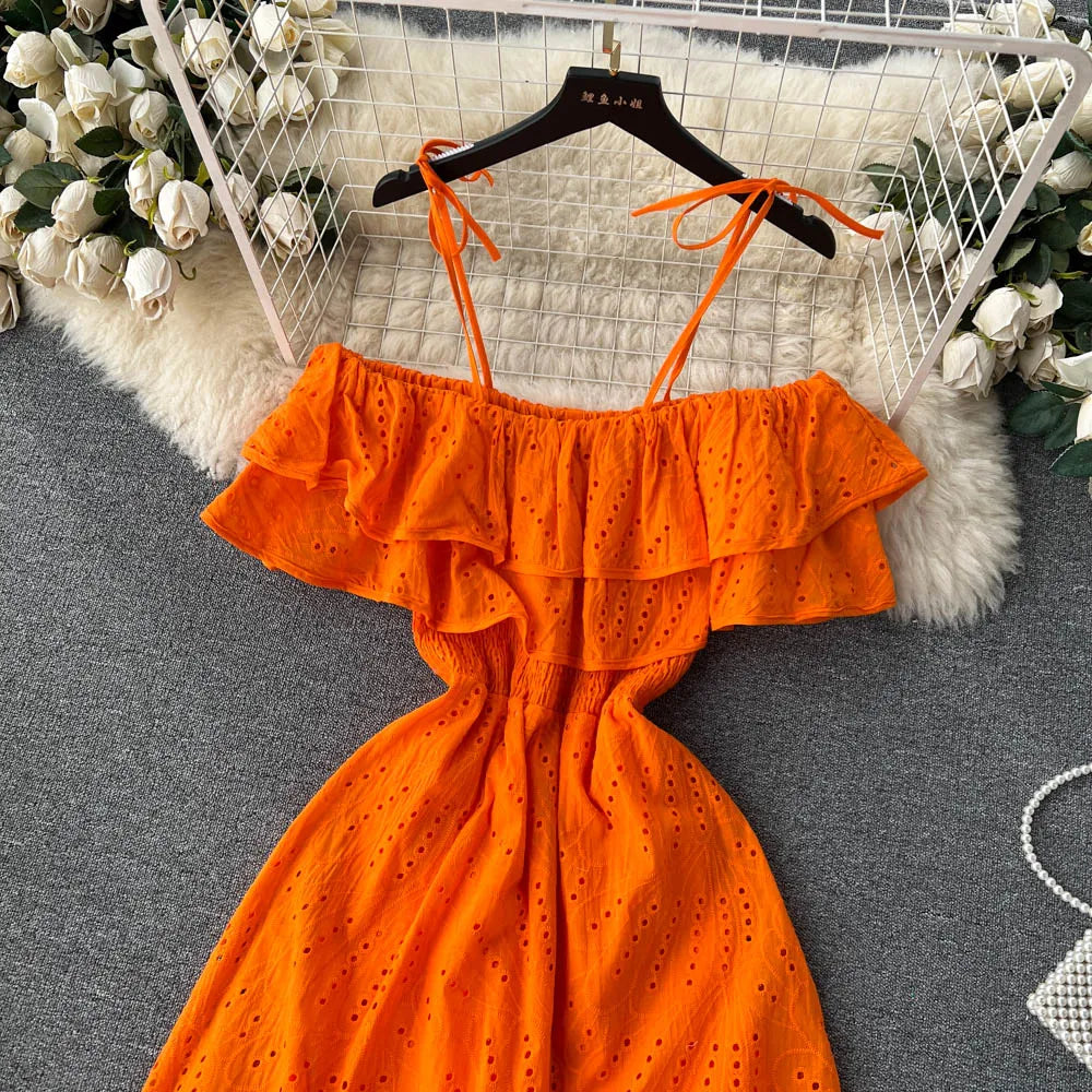 High Street Cotton Embroidery Off-Shoulder Backless Beach Dress – Long Summer Sundress