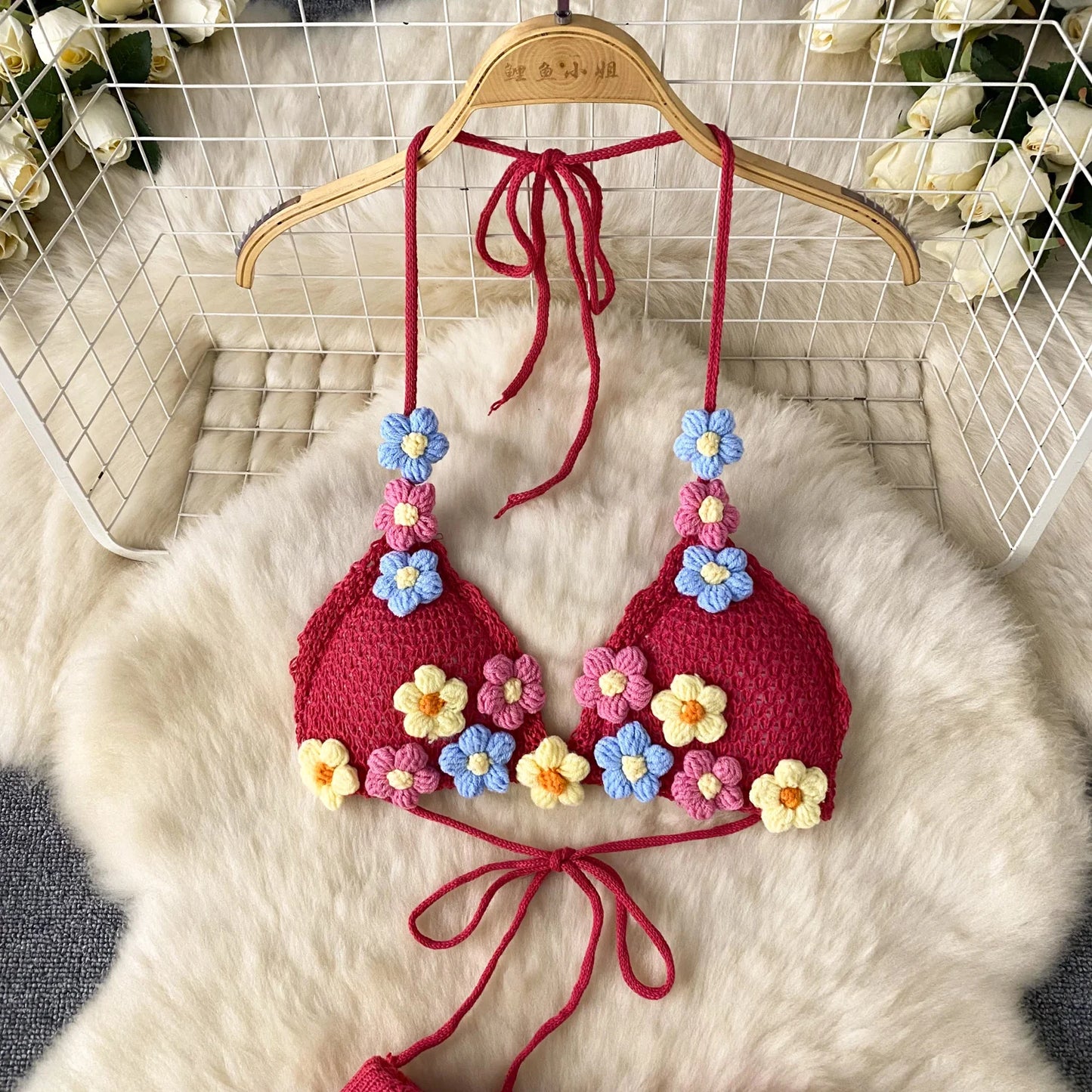 3D Floral Crochet Summer Set – Halter Bra Top + Wide-Leg Shorts