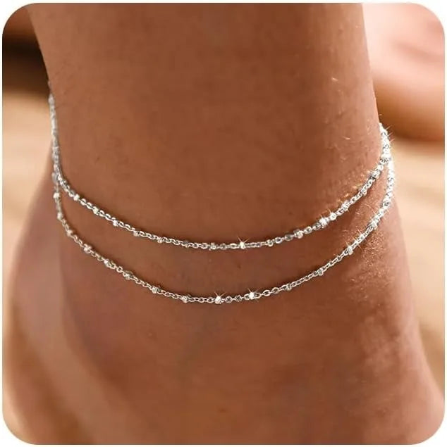Layered Beaded Anklet – Gold & Silver