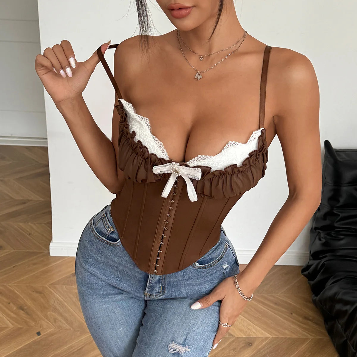 Women’s Lace Bustier Corset Top – Y2K Sexy Spaghetti Strap Bustier