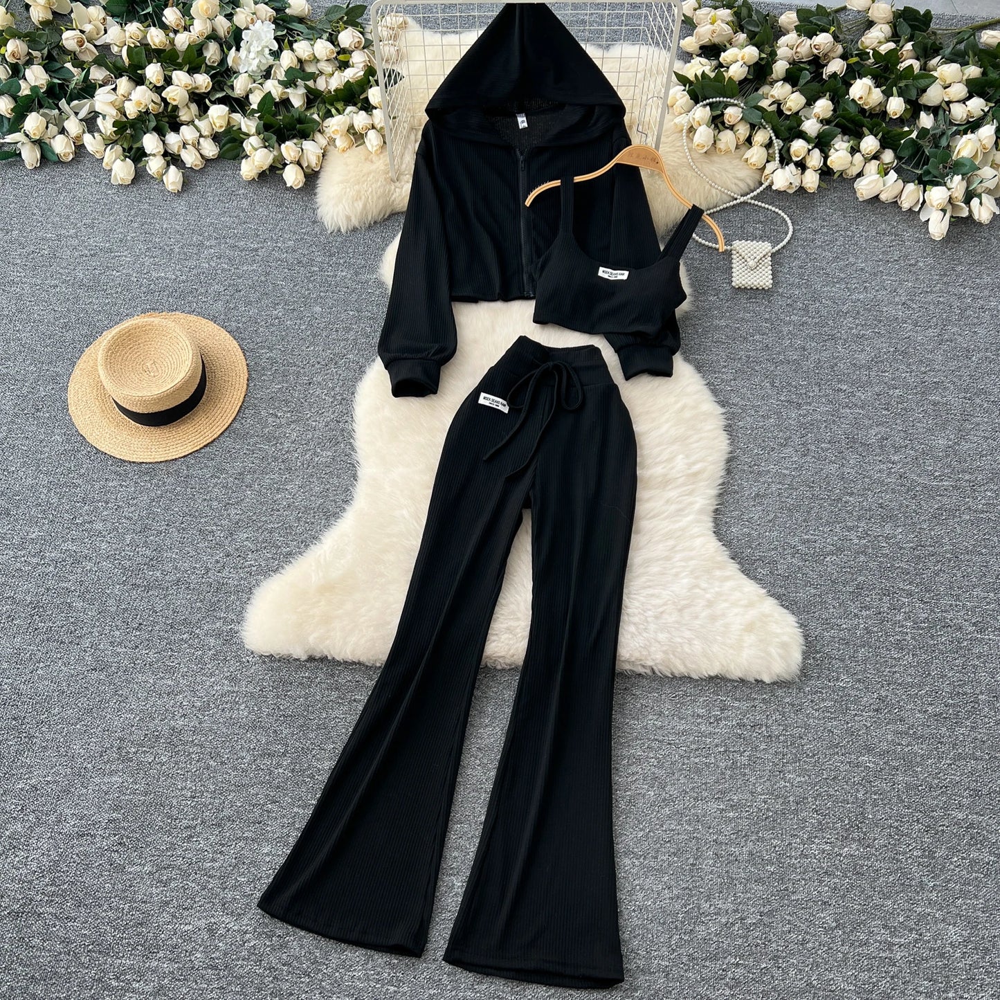 Three-Piece Set – Hoodie + Camisole + Wide Pants