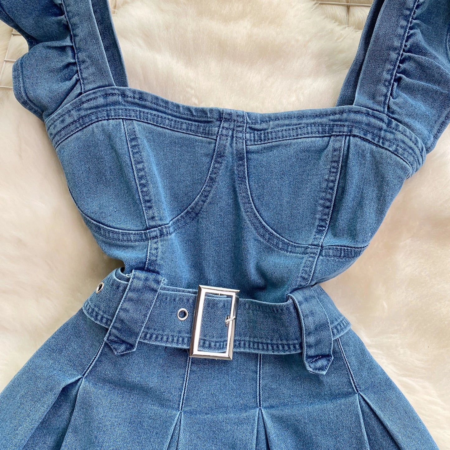 SINGREINY Women High Street Denim Dress Square Collar Short Flying Sleeves Belt Pleated 2024 Summer INS Preppy Style Sweet Dress