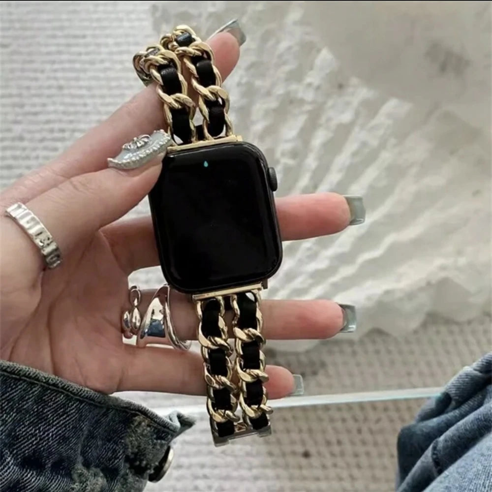 Luxury Leather & Chain Apple Watch Band – Adjustable Black Gold Strap
