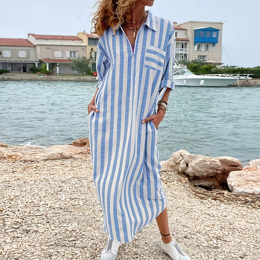 Striped Long Shirt Dress with Pockets