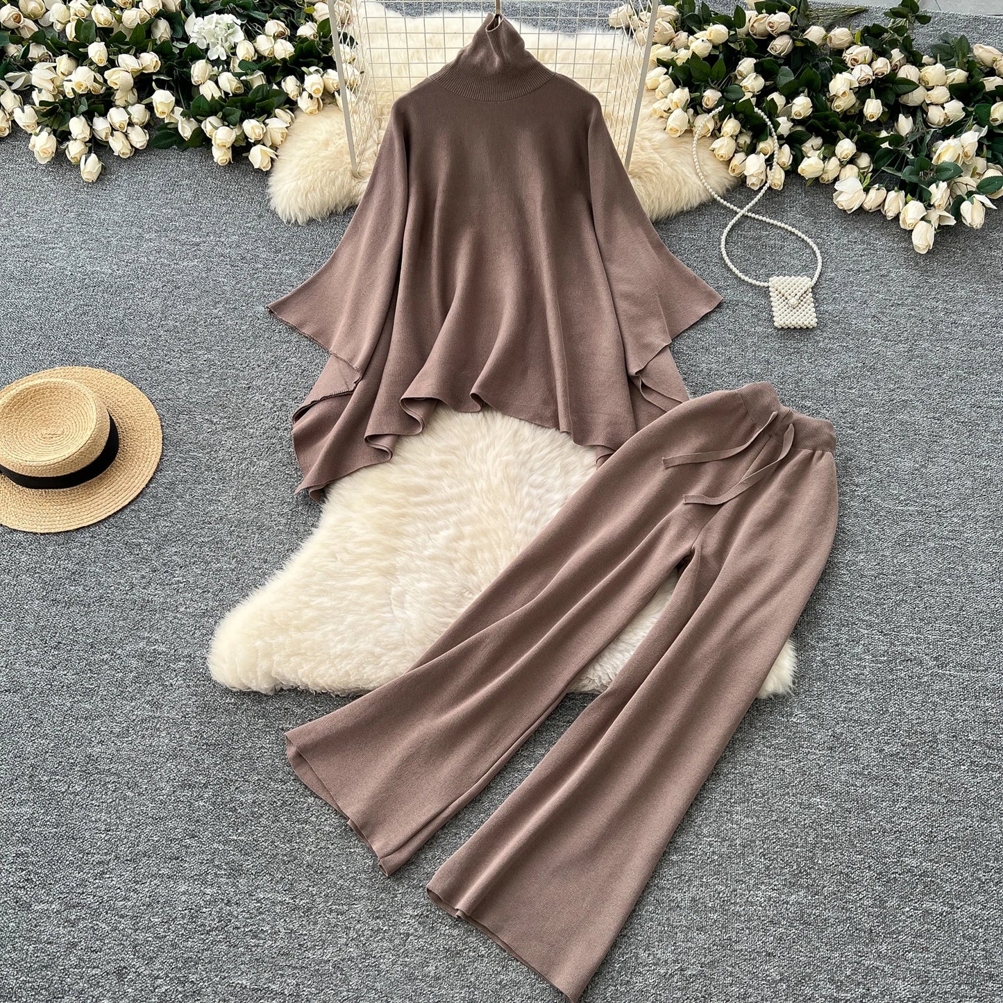 SINGREINY Turtleneck Warm Two-Piece Set – Knitted Sweater & Wide Leg Pants
