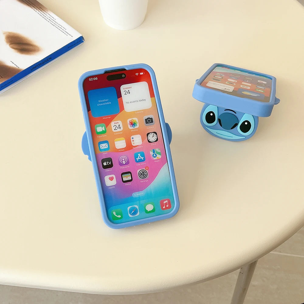 Funny Cartoon Stitch Soft Silicone Case with Mirror & Holder – For iPhone 11 to 16 Pro Max
