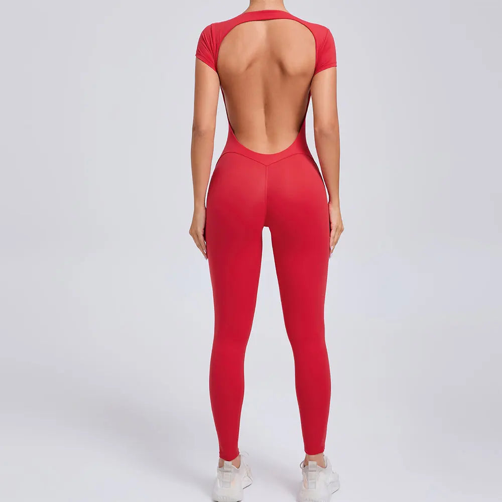Women's Short Sleeve One-Piece Yoga Jumpsuit – Open Back Fitness Bodysuit