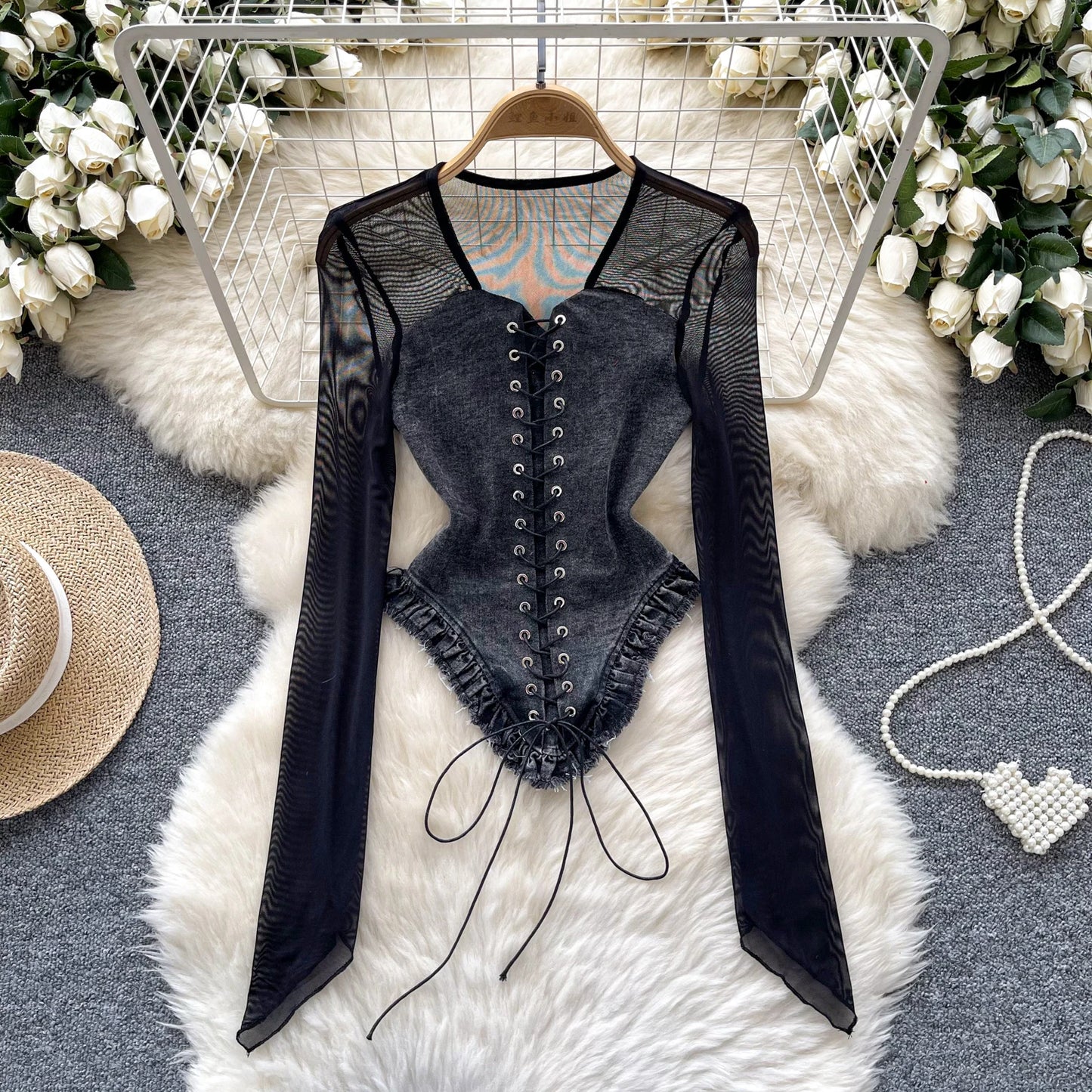 Women's Denim Corset Blouse with Sheer Long Sleeves – Patchwork Style