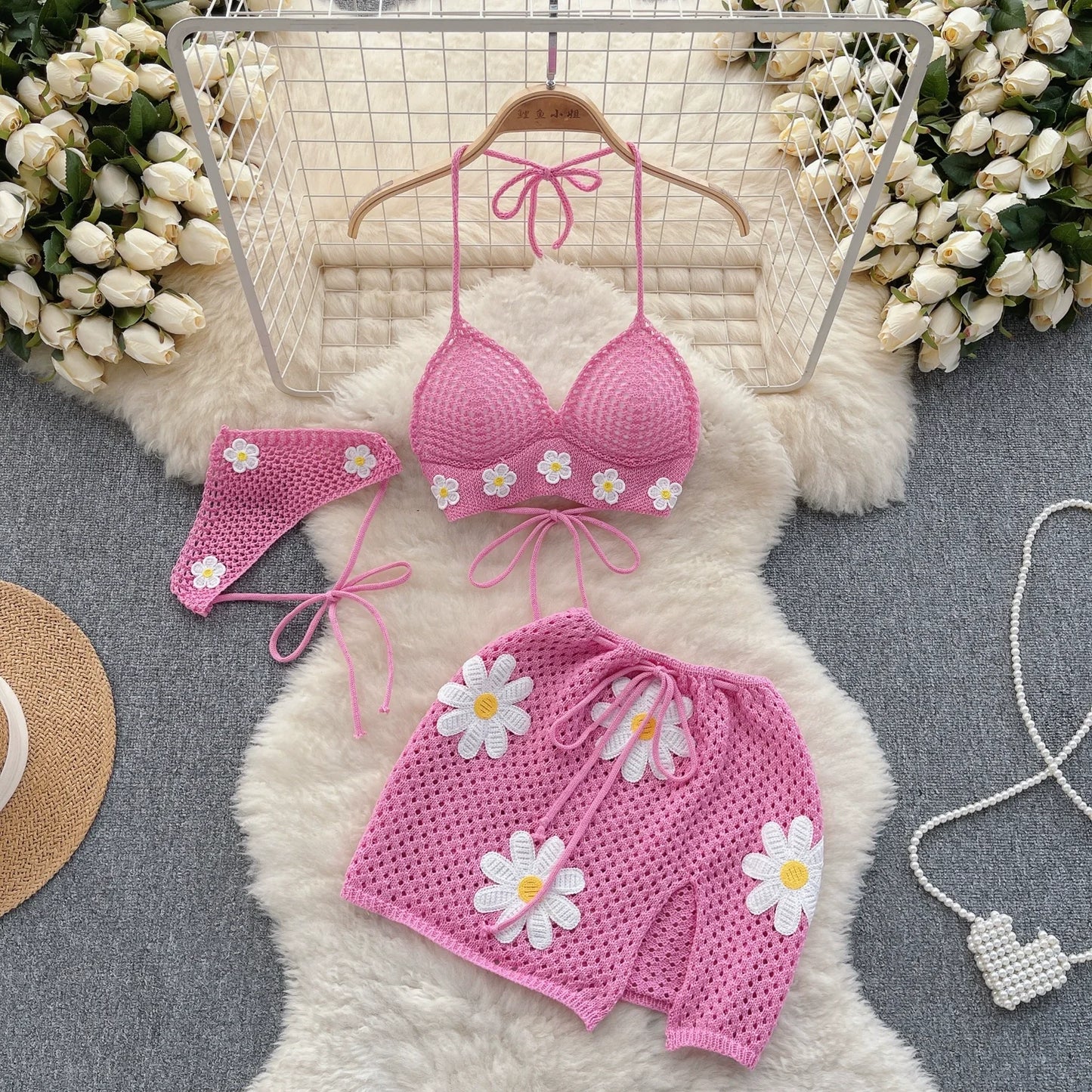 Korean Style Hollow Crochet 2-Piece Set – Halter Tie Front Top + Drawstring Split Mini Skirt with Flowers