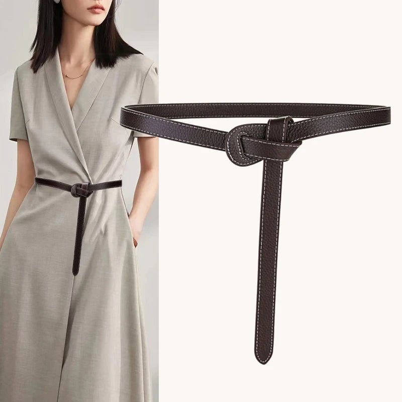 Double-Knotted Thin Leather Belt for Women
