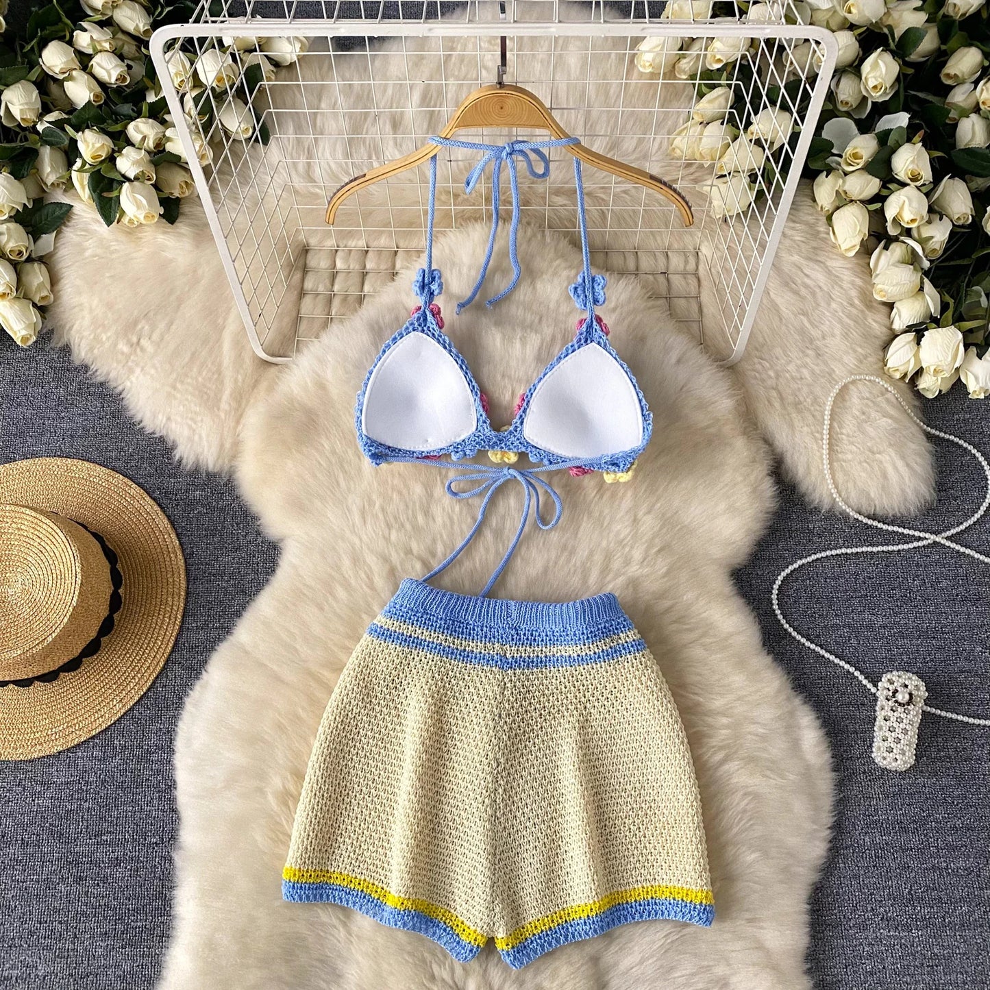 3D Floral Crochet Summer Set – Halter Bra Top + Wide-Leg Shorts