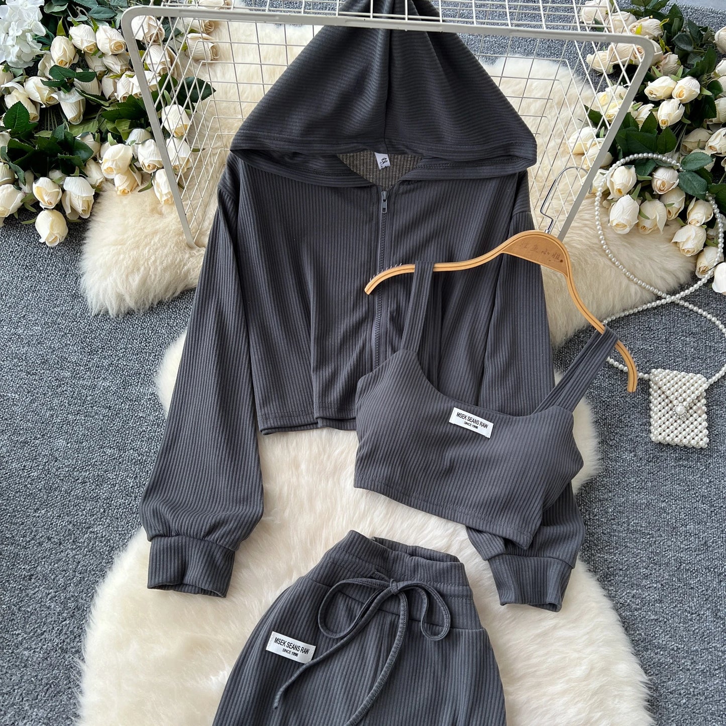 Three-Piece Set – Hoodie + Camisole + Wide Pants