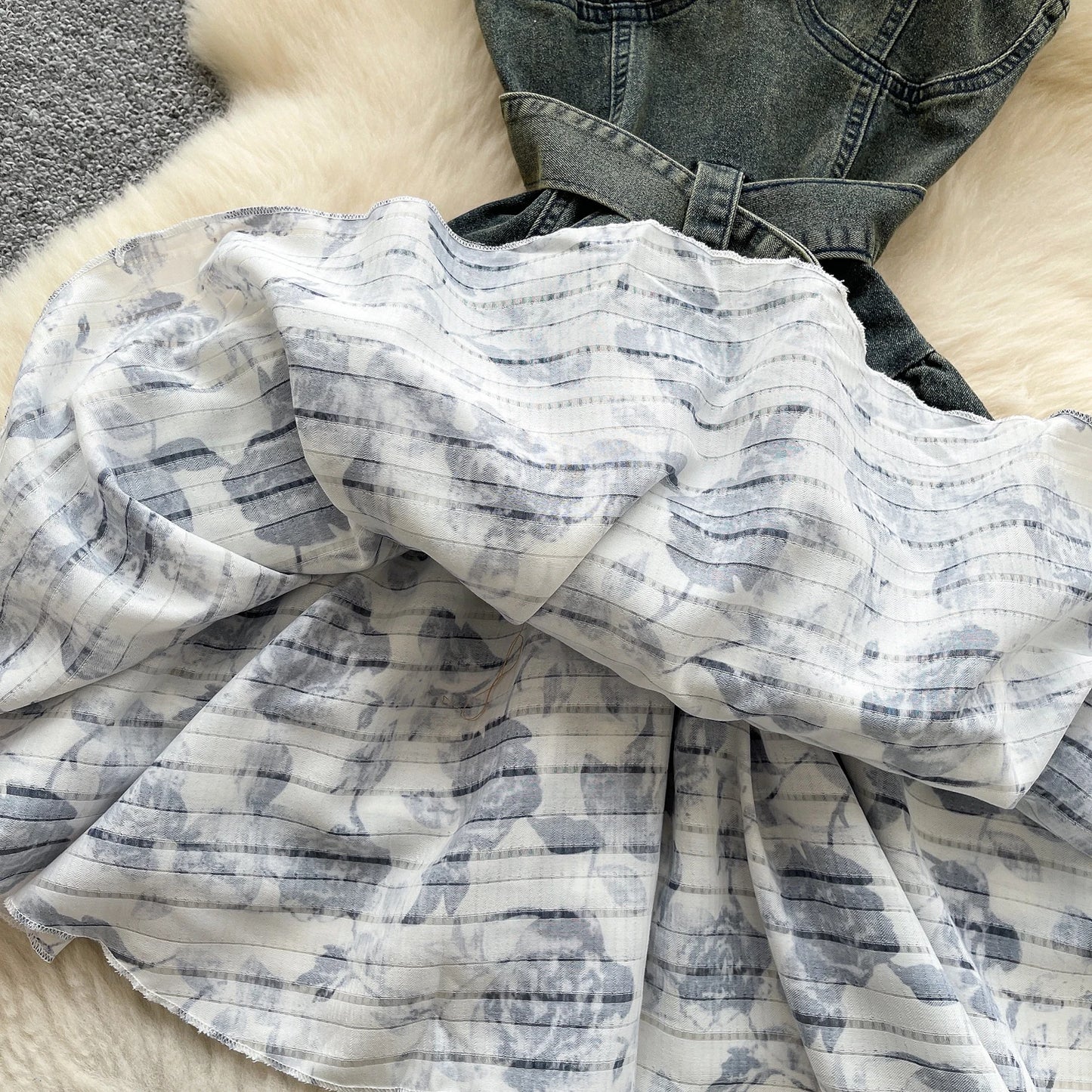Denim & Floral Splice Sleeveless Sundress with Belt