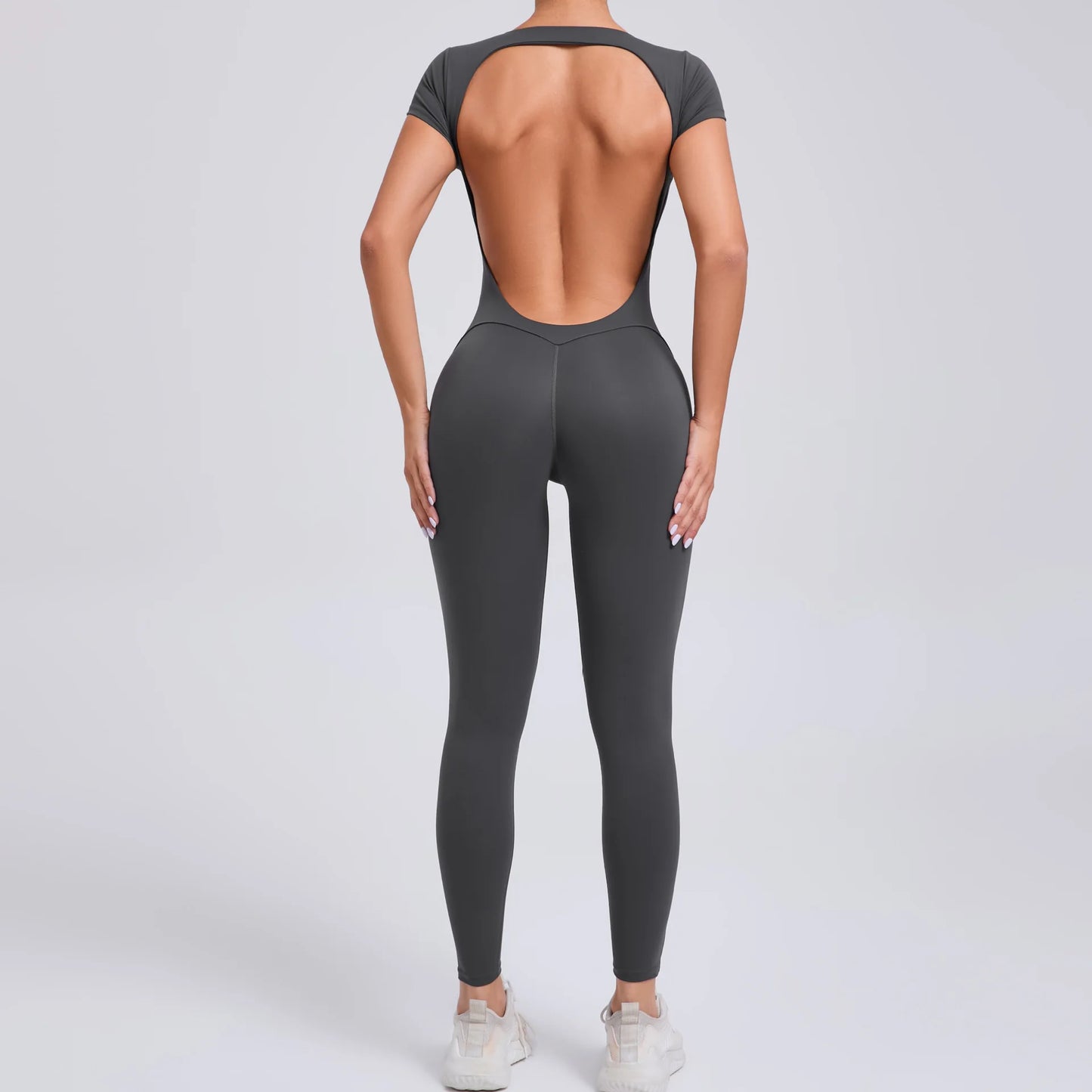 Women's Short Sleeve One-Piece Yoga Jumpsuit – Open Back Fitness Bodysuit