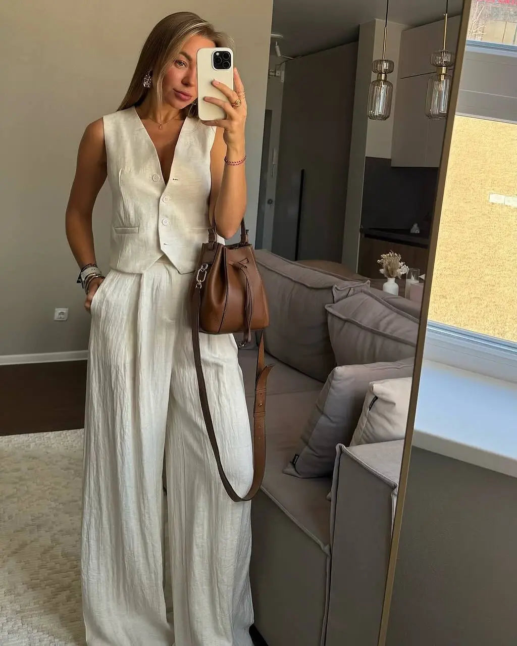 Women’s Cotton Linen Vest & Pants Set – Sleeveless Loose Fit Elegant Outfit