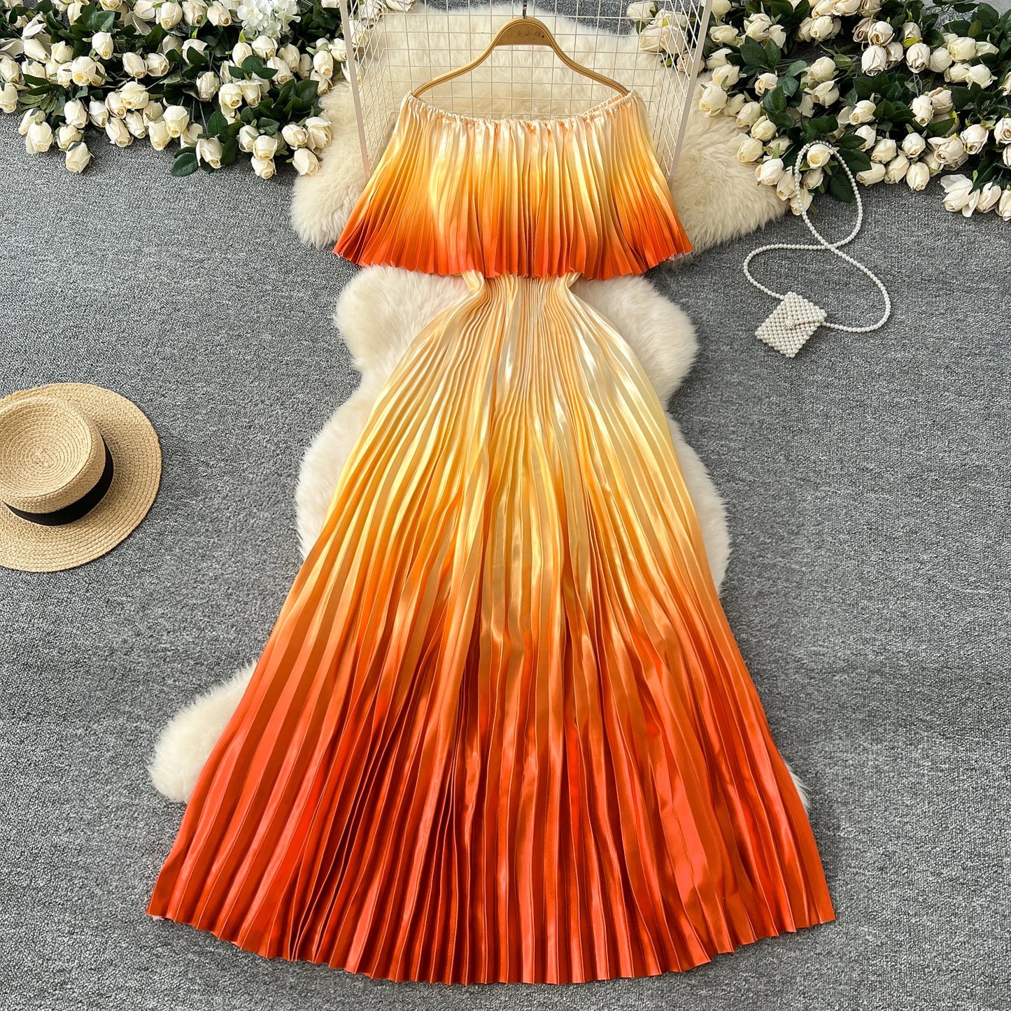 Gradient Pleated Maxi Dress – Off Shoulder Vacation Style