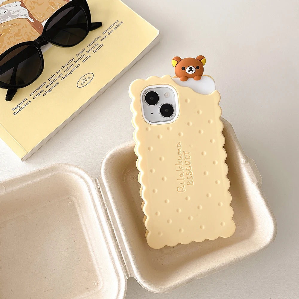 Funny Rilakkuma Bear Sandwich Biscuit Soft Silicone Case – For iPhone 11 to 16 Pro Max