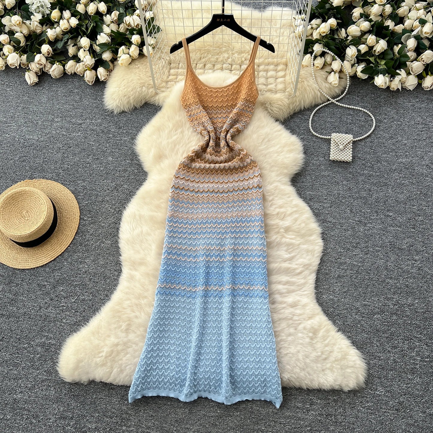 Korean Chic Knitted Gradient Long Dress – Sleeveless Spaghetti Strap Summer Beachwear