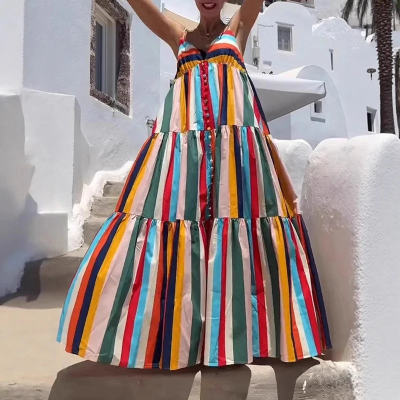 Rainbow Stripe Summer Dress – Vibrant & Chic Sleeveless Maxi