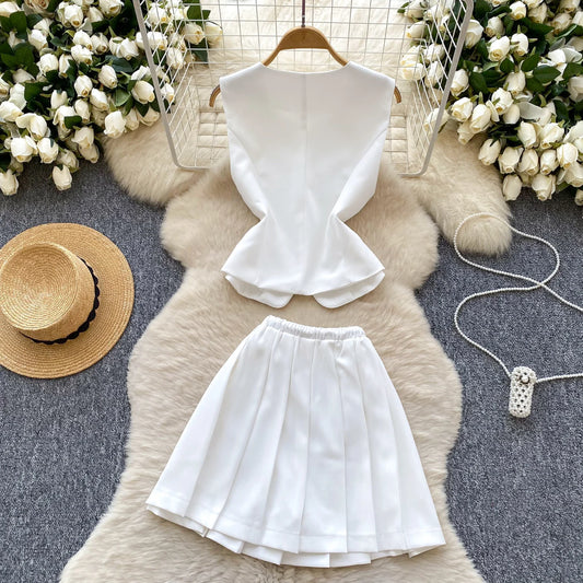 SINGREINY Elegant Solid OL Sets Blouse + Pleated Skirt – Two-Piece Suit