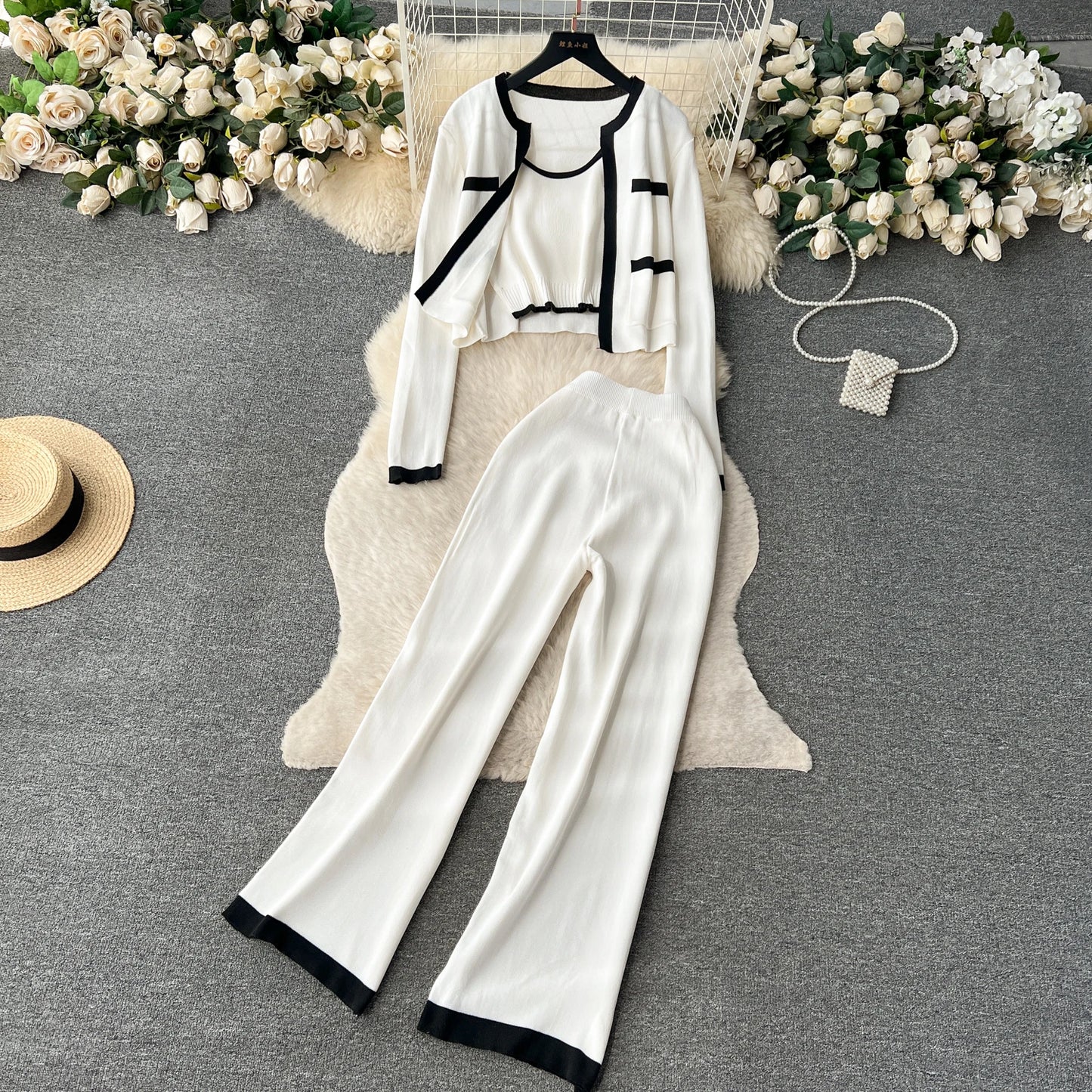 SINGREINY Autumn Knitted 3pcs Set – Slim Tank Top + Long Sleeve Cardigan + Elastic Pants (Brown)